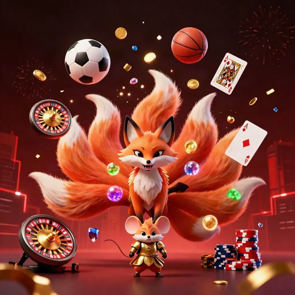 Neon fox spirit and samurai mouse amid chips, cards, coins, roulette wheel, soccer and basketball sparks