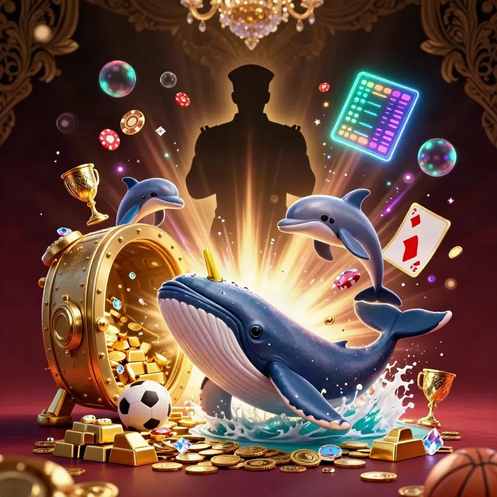 Whale captain and sea creatures burst through coins, vault light, gold and neon casino glow.