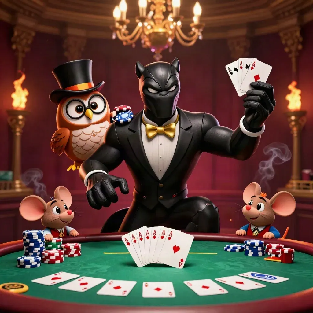 Panther dealer, owl, and mouse amid chips and a glowing green poker table in luxe casino drama.