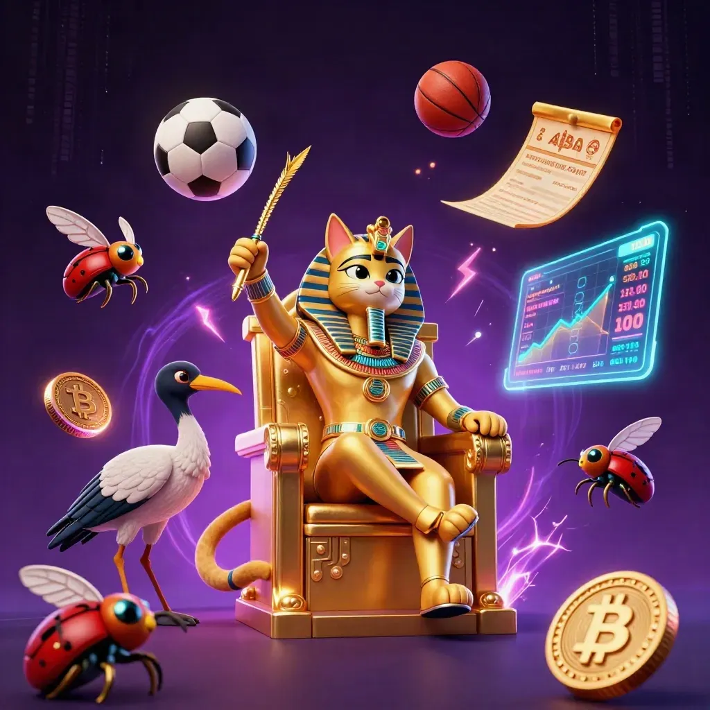 Pharaoh cat, ibis scribe, and gem-wing scarabs amid coins, balls, and neon casino magic.