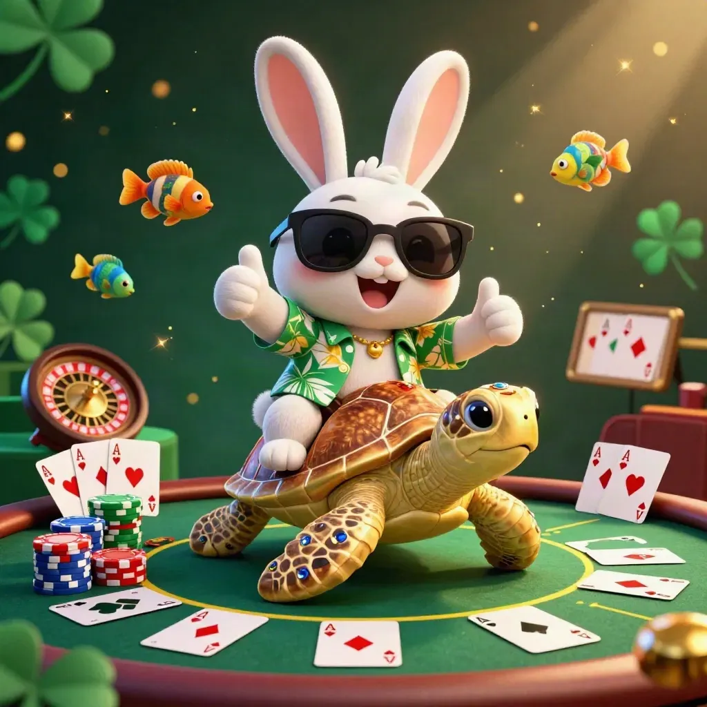 Lucky rabbit rides a golden turtle amid poker glamour and casino lights.