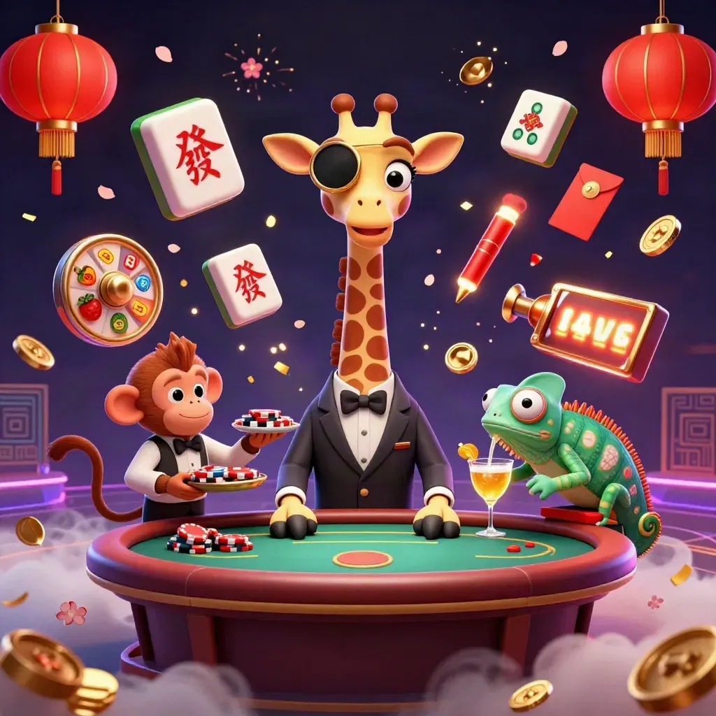 Cartoon giraffe, monkey valet, and chameleon bartender in a glowing poker arena with gold coins.