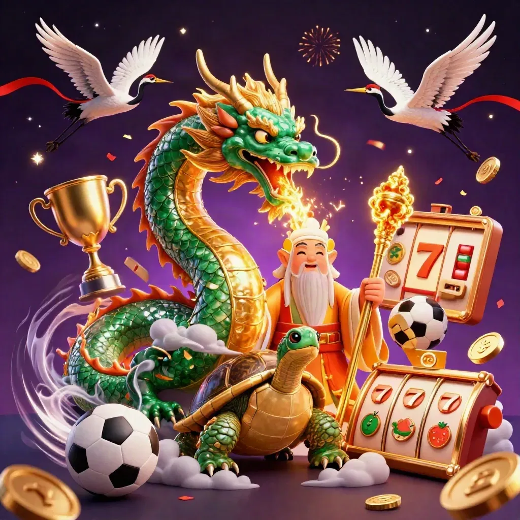 Emerald dragon, turtle sage, and cranes amid gold fire, sports balls, coins, and casino fantasy effects.