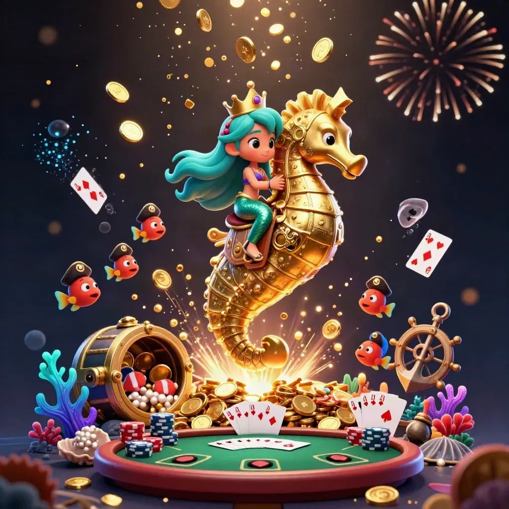 Mermaid princess on a gold seahorse amid coins, cards, chips and pirate fish in a dark neon treasure cove