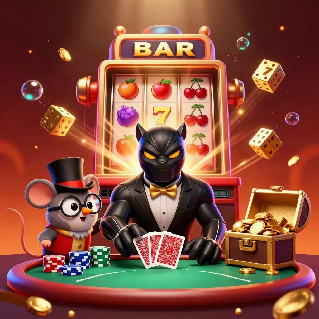 Panther, owl, and mouse in casino attire amid slot reels, gold, dice, and jackpot glow.