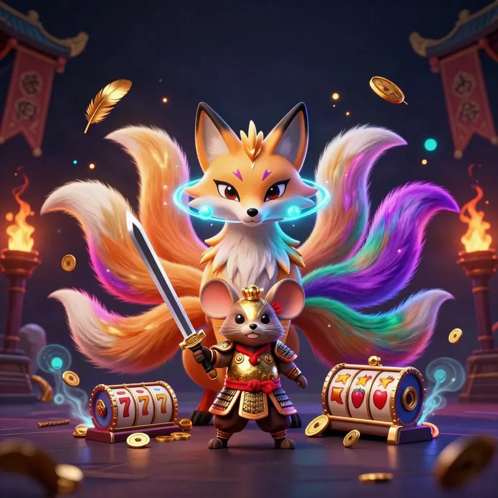 Neon nine-tailed fox spirit with armored mouse in a dark casino arena, coins and fire swirling.