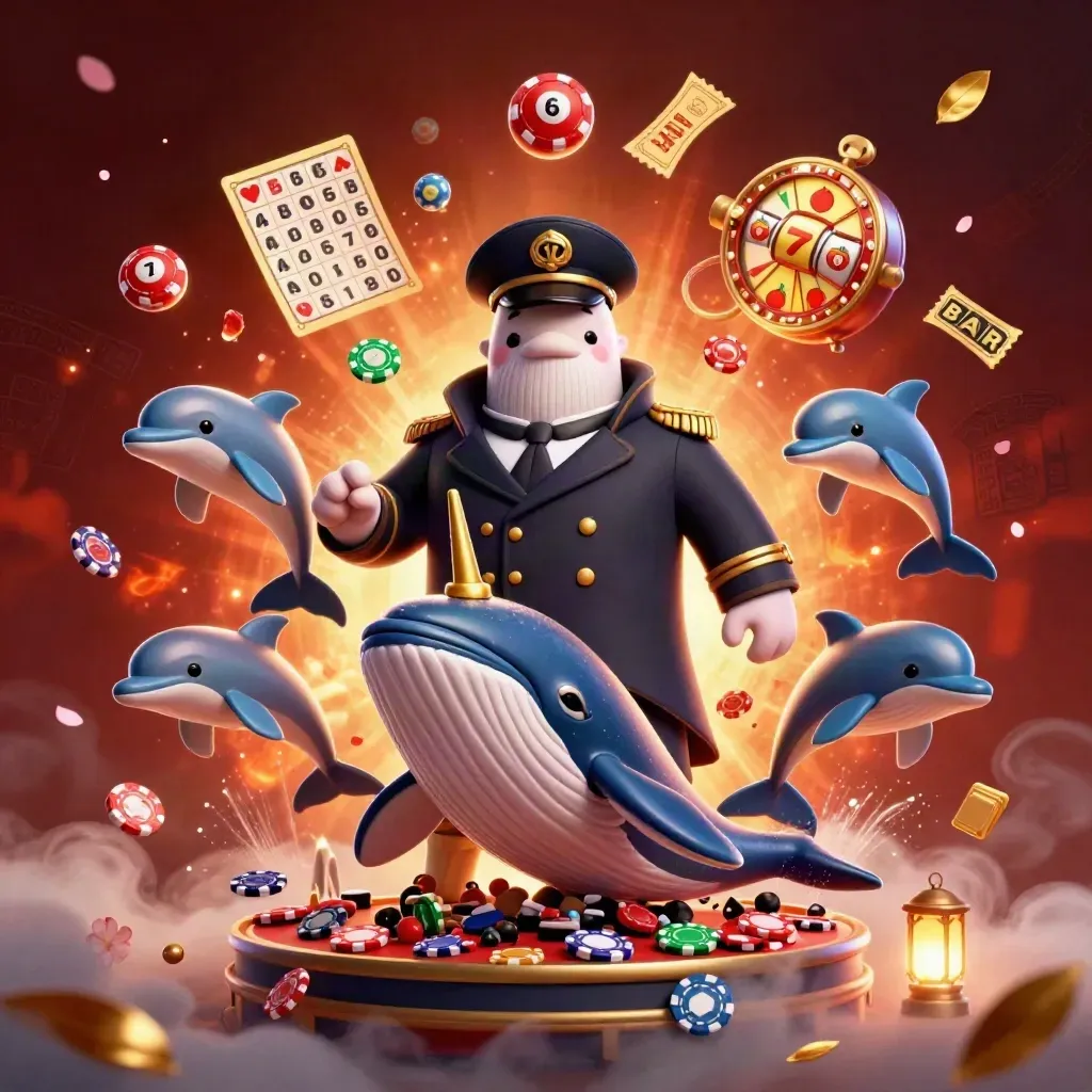 Whale captain, narwhal, and dolphins amid chips, reels, lottery balls, and glowing casino effects.